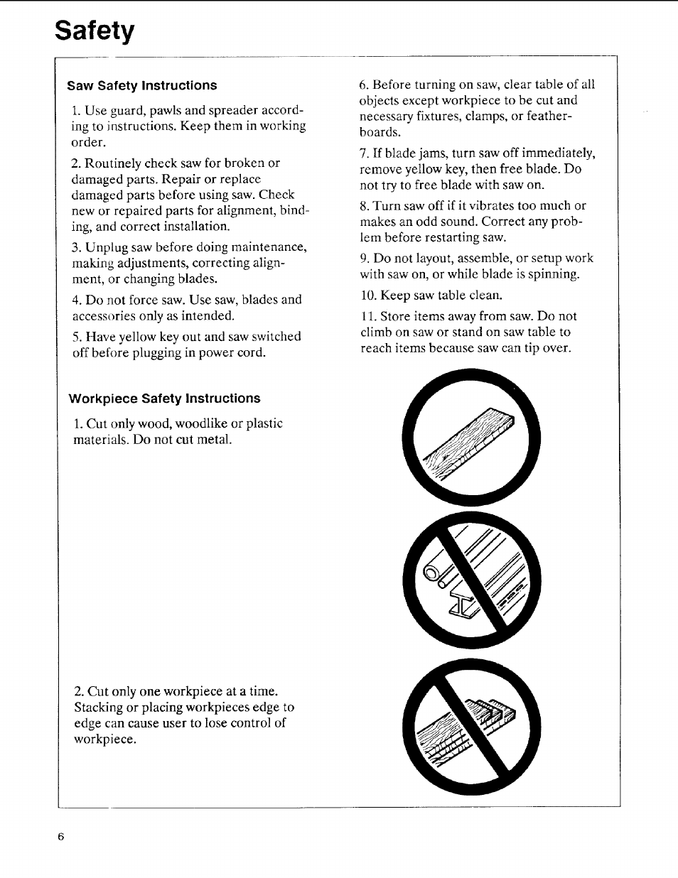 Saw safety instructions, Workpiece safety instructions | Sears 113.197611 User Manual | Page 6 / 104