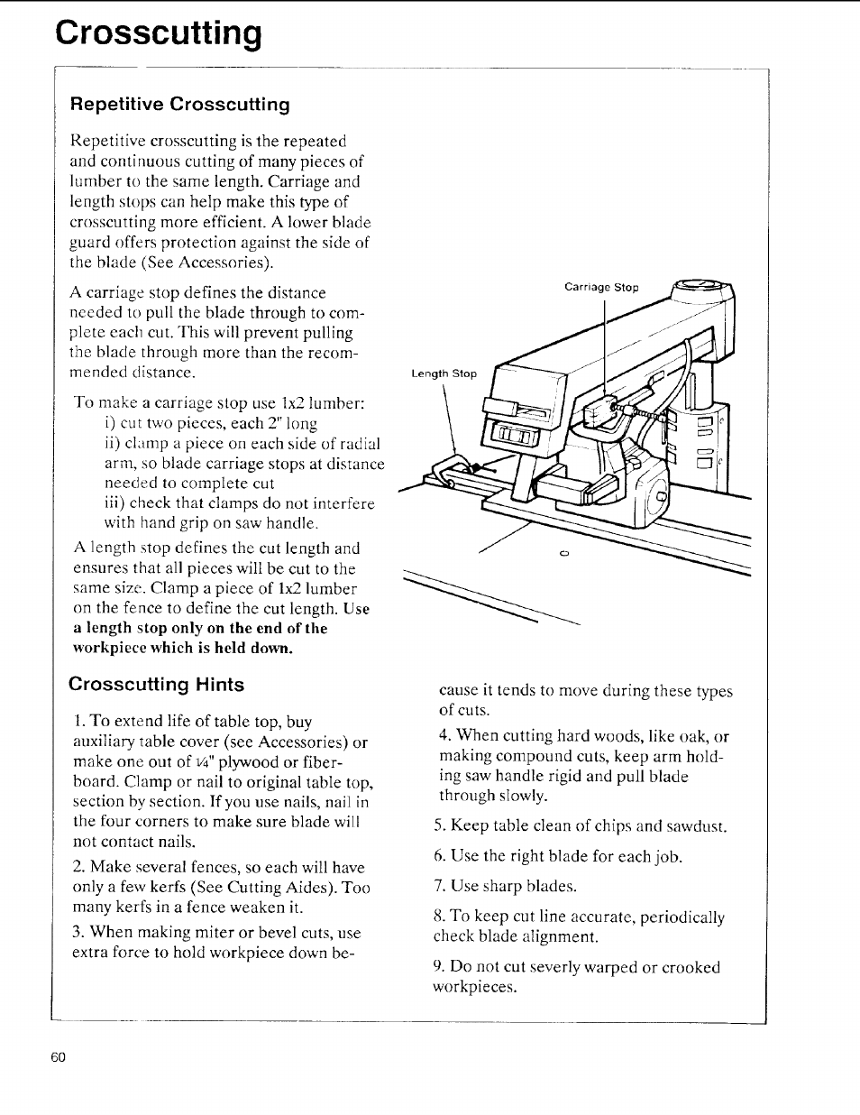 Repetitive crosscutting, Crosscutting hints, Crosscutting | Sears 113.197611 User Manual | Page 60 / 104