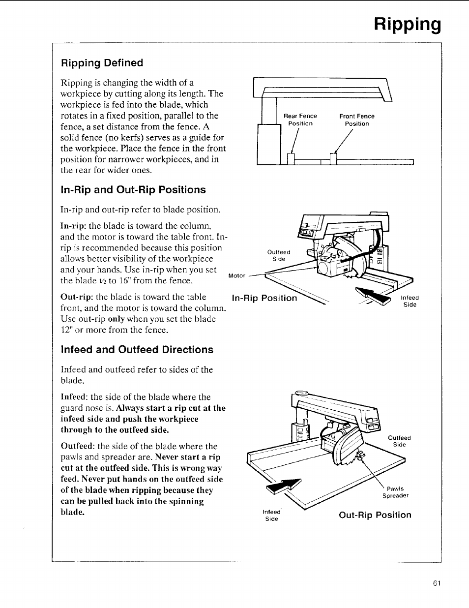 Ripping, Ripping defined, In-rip and out-rip positions | Infeed and outfeed directions | Sears 113.197611 User Manual | Page 61 / 104