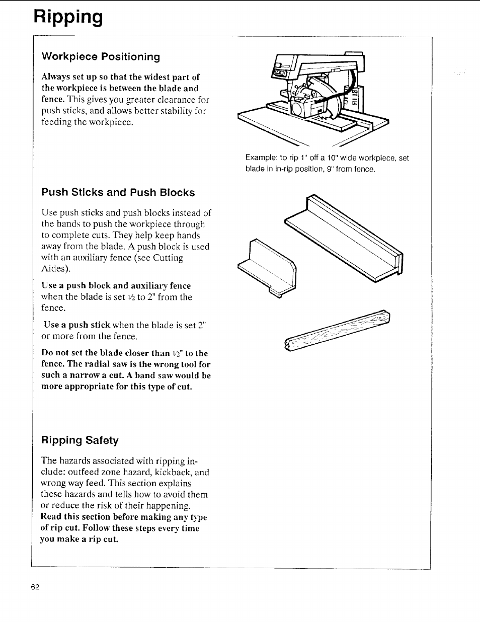 Ripping, Workpiece positioning, Push sticks and push blocks | Ripping safety | Sears 113.197611 User Manual | Page 62 / 104