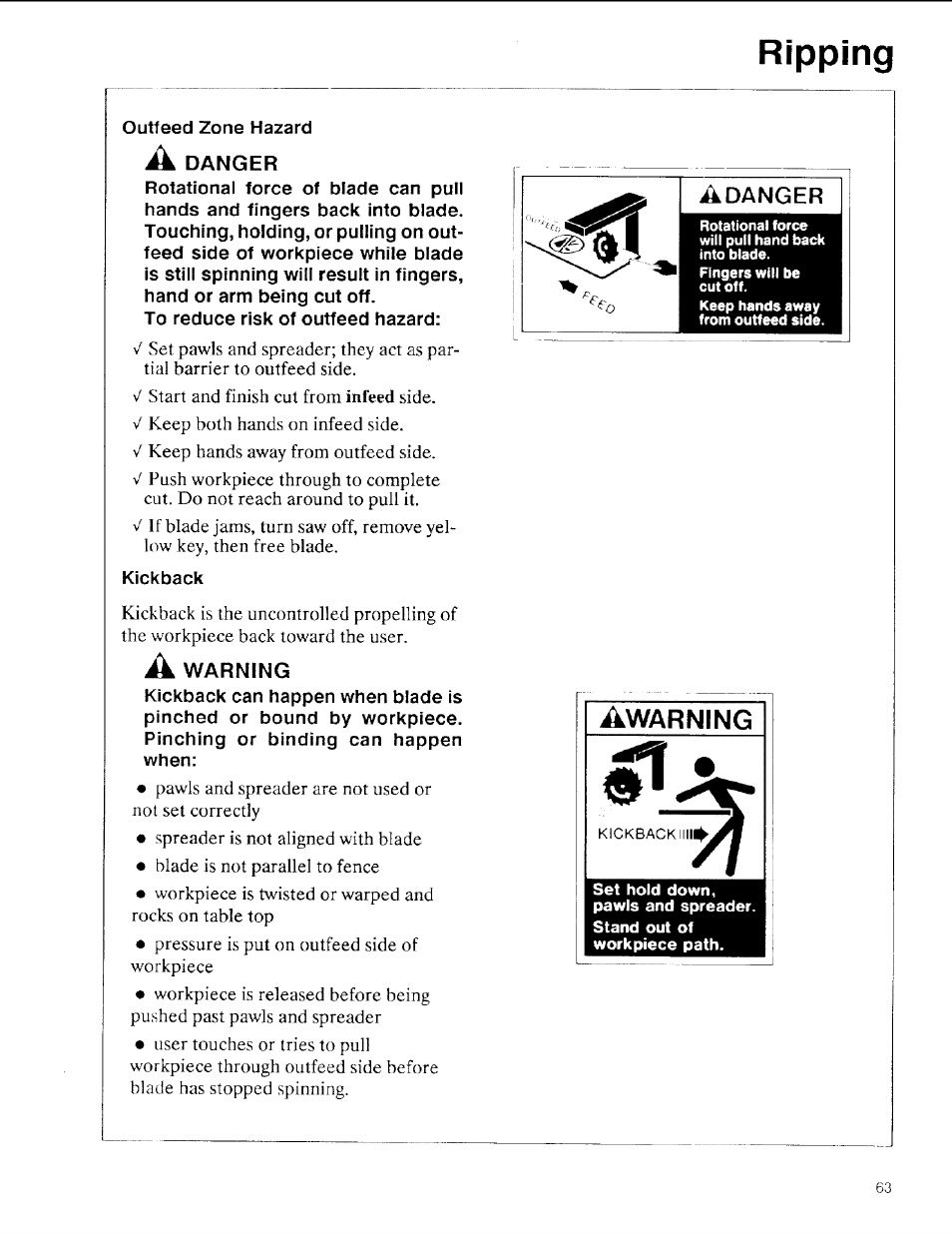 A danger, A warning, Adanger | Awarning, Ripping | Sears 113.197611 User Manual | Page 63 / 104