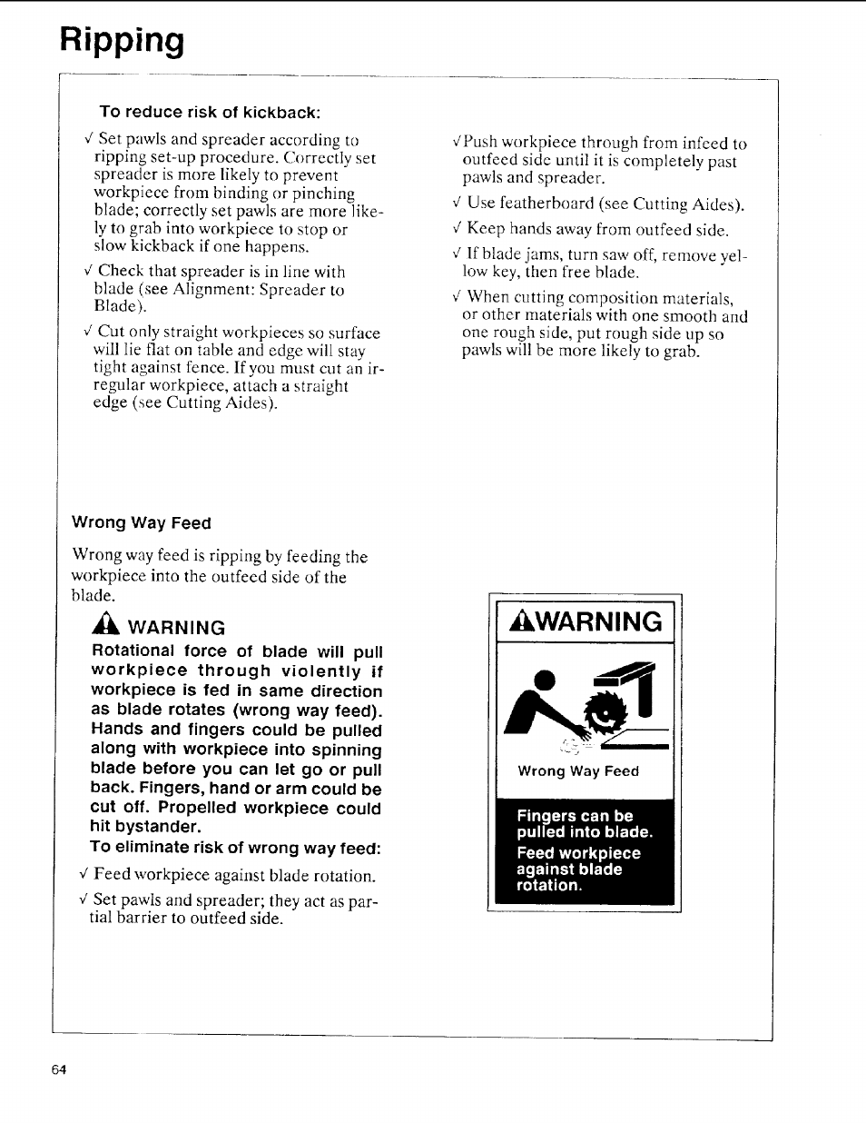 A warning, Ripping, Awarning | Sears 113.197611 User Manual | Page 64 / 104