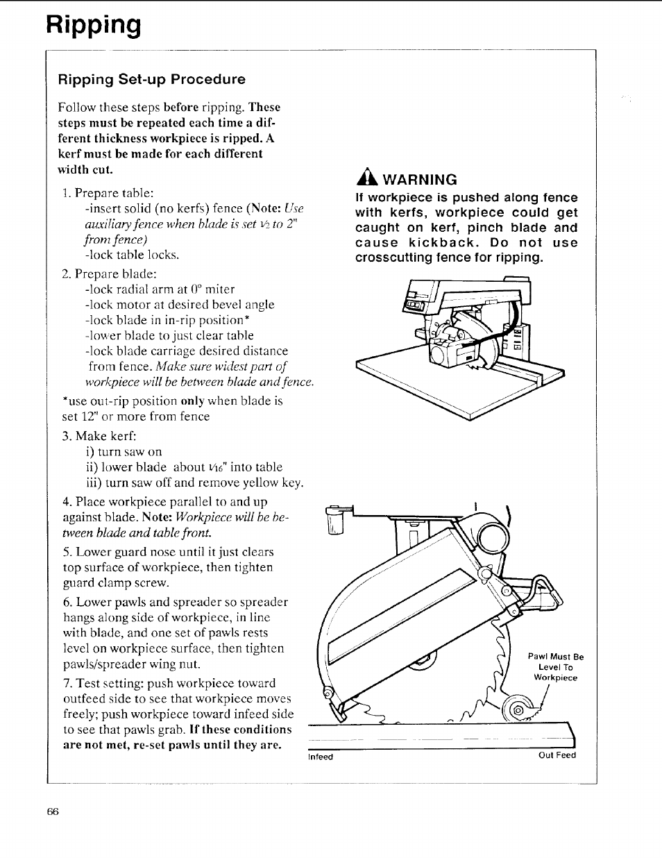 Ripping set-up procedure, A warning, Ripping | Sears 113.197611 User Manual | Page 66 / 104