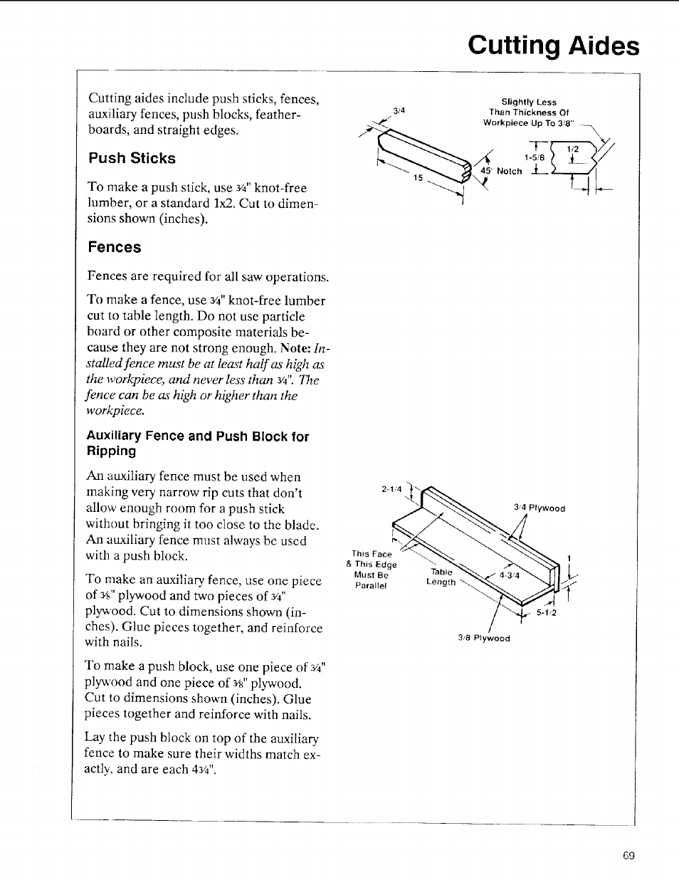 Push sticks, Fences, Auxiliary fence and push block for ripping | Cutting aides | Sears 113.197611 User Manual | Page 69 / 104