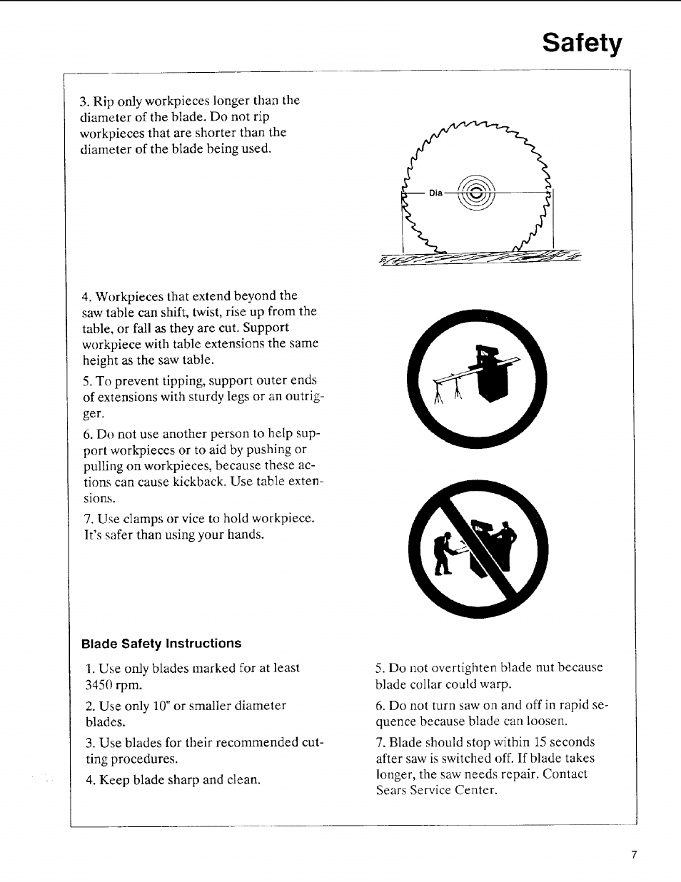 Blade safety instructions, Safety | Sears 113.197611 User Manual | Page 7 / 104