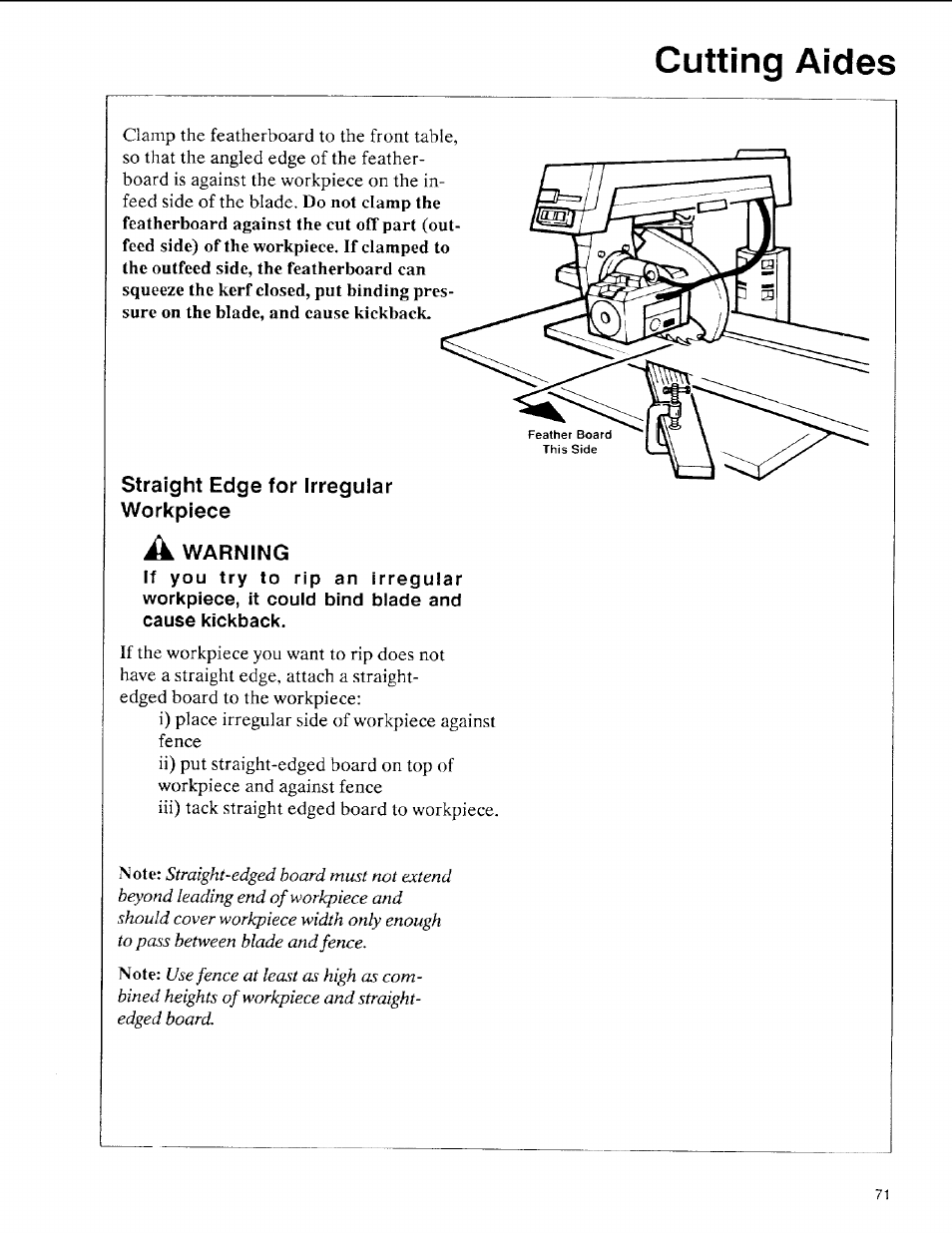 Straight edge for irregular workpiece, A warning, Cutting aides | Sears 113.197611 User Manual | Page 71 / 104