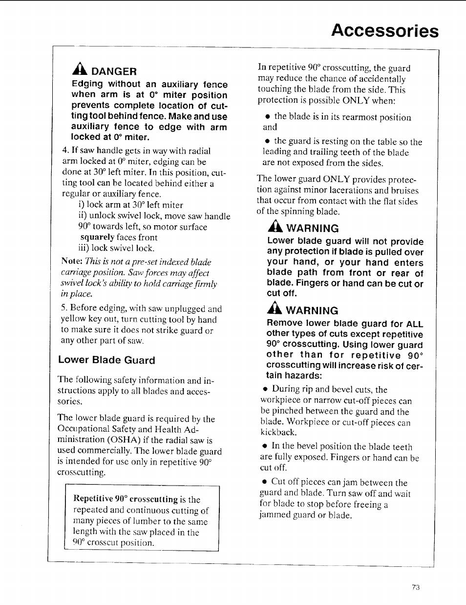 Accessories, A danger, Lower blade guard | A warning, Warning | Sears 113.197611 User Manual | Page 73 / 104