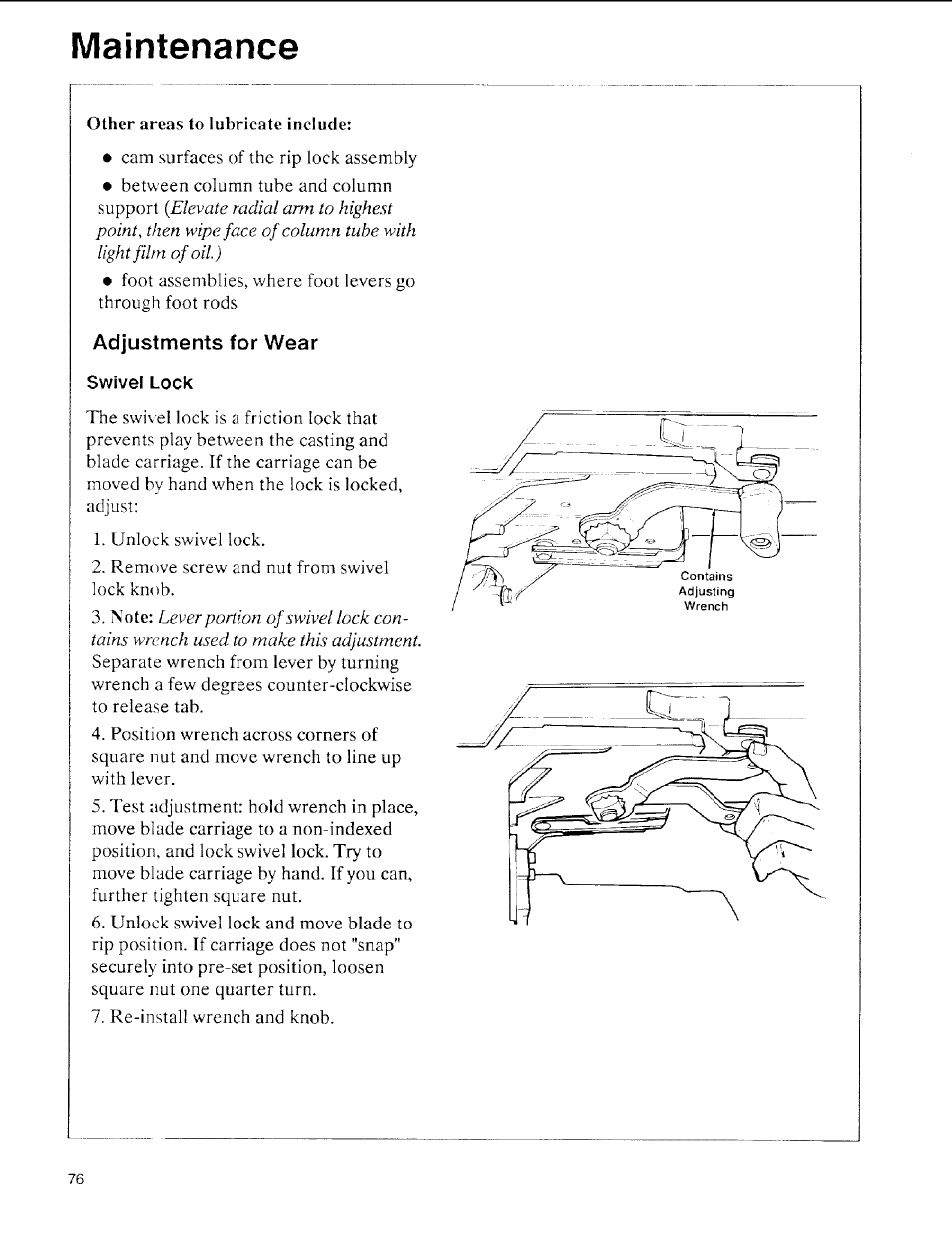 Adjustments for wear, Swivel lock, Maintenance | Sears 113.197611 User Manual | Page 76 / 104
