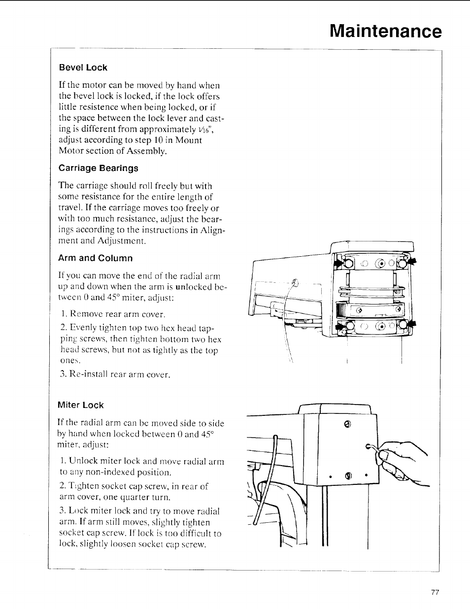 Bevel lock, Carriage bearings, Arm and column | Miter lock, Maintenance | Sears 113.197611 User Manual | Page 77 / 104