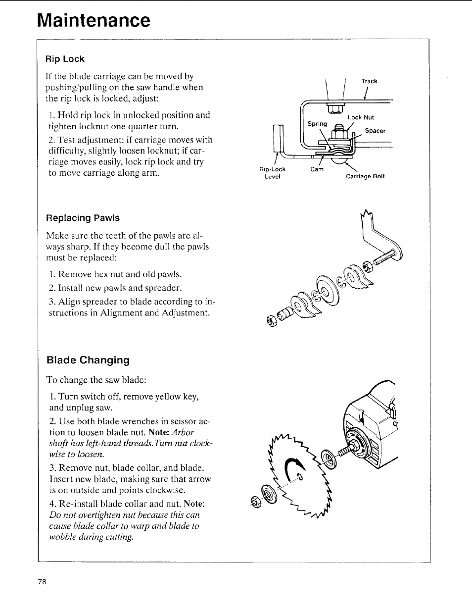 Replacing pawls, Blade changing, Maintenance | Sears 113.197611 User Manual | Page 78 / 104