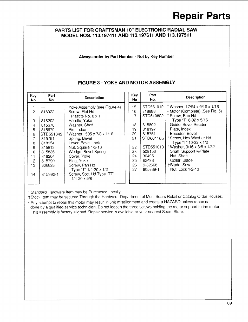 Repair parts, Figure 3 - yoke and motor assembly | Sears 113.197611 User Manual | Page 89 / 104