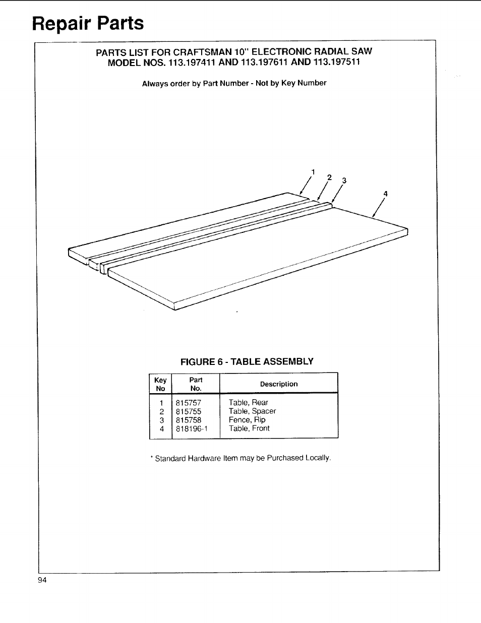 Repair parts | Sears 113.197611 User Manual | Page 94 / 104