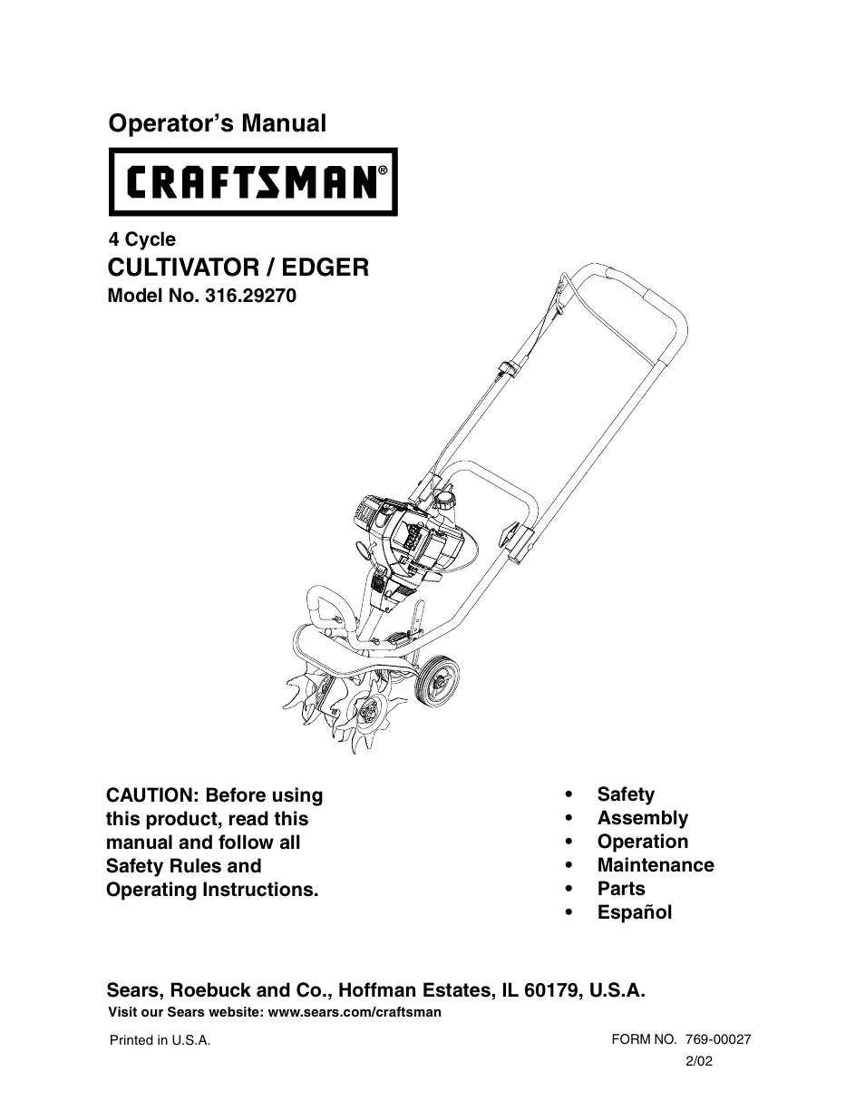 Sears 316.2927 User Manual | 36 pages