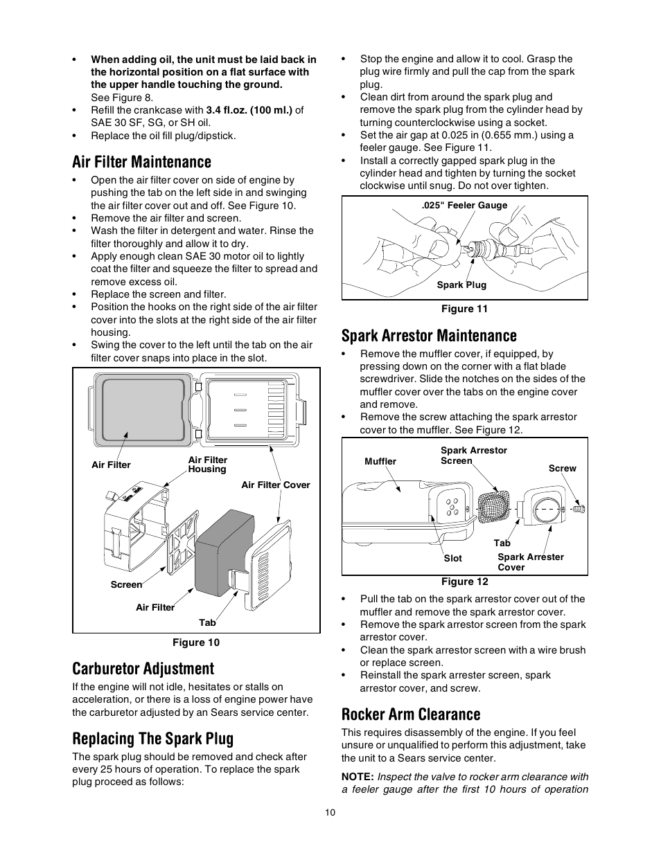 Air filter maintenance, Carburetor adjustment, Replacing the spark plug | Spark arrestor maintenance, Rocker arm clearance | Sears 316.2927 User Manual | Page 10 / 36