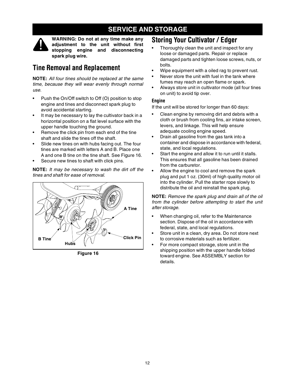 Tine removal and replacement, Storing your cultivator / edger, Service and storage | Sears 316.2927 User Manual | Page 12 / 36