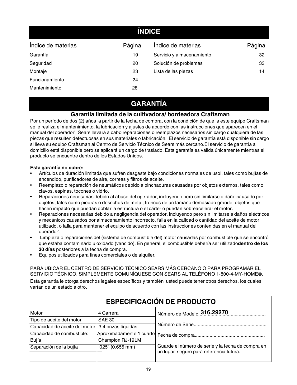 Garantía índice, Especificación de producto | Sears 316.2927 User Manual | Page 19 / 36