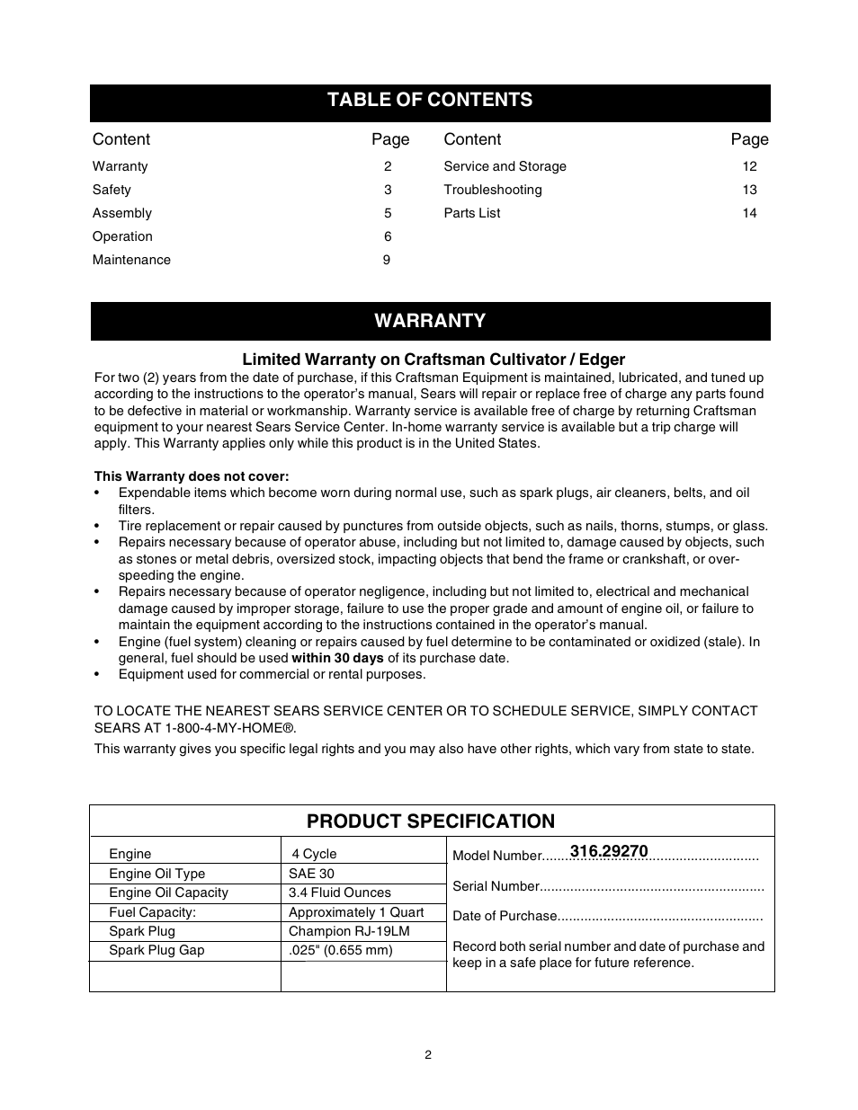 Warranty table of contents, Product specification | Sears 316.2927 User Manual | Page 2 / 36