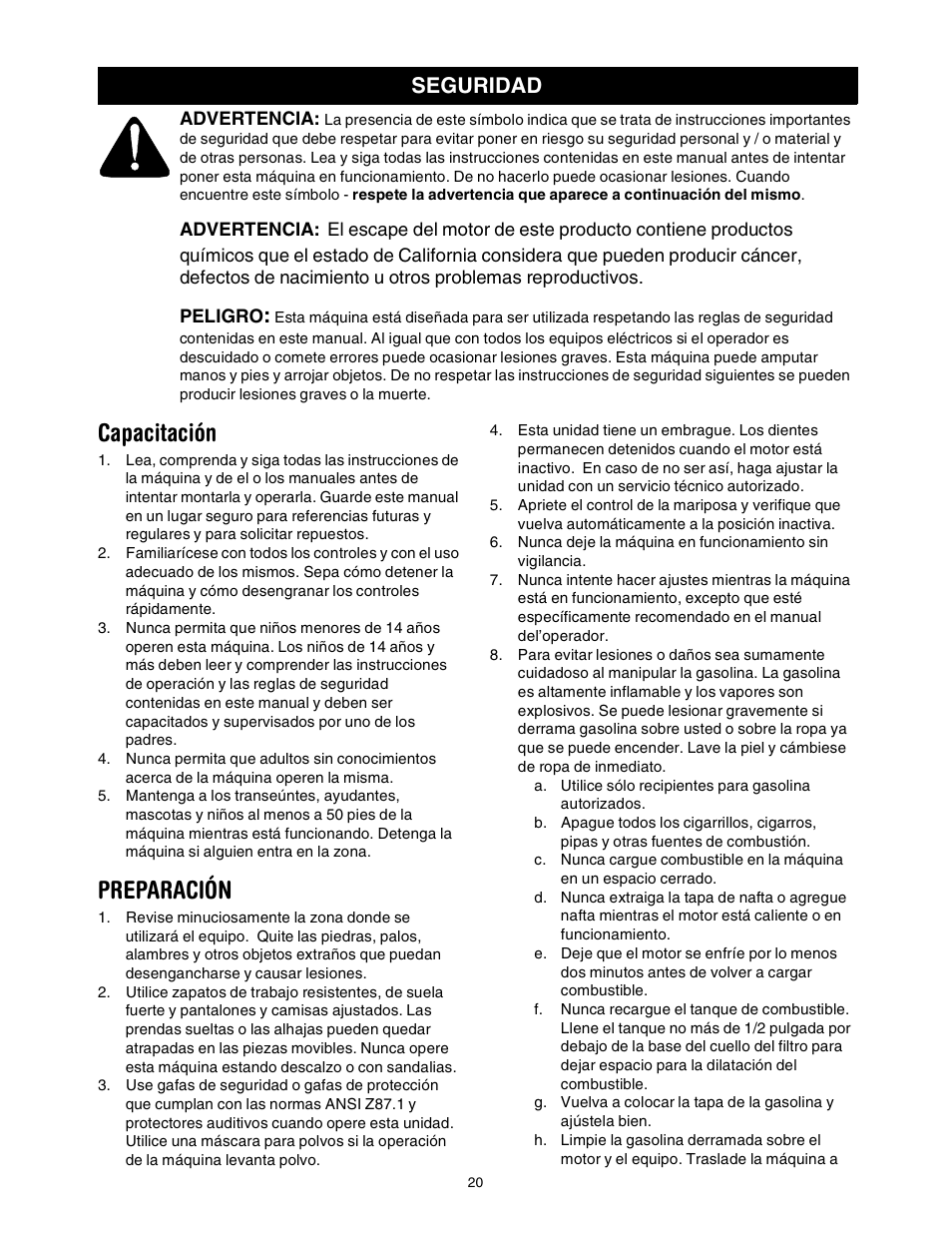 Capacitación, Preparación, Seguridad | Sears 316.2927 User Manual | Page 20 / 36