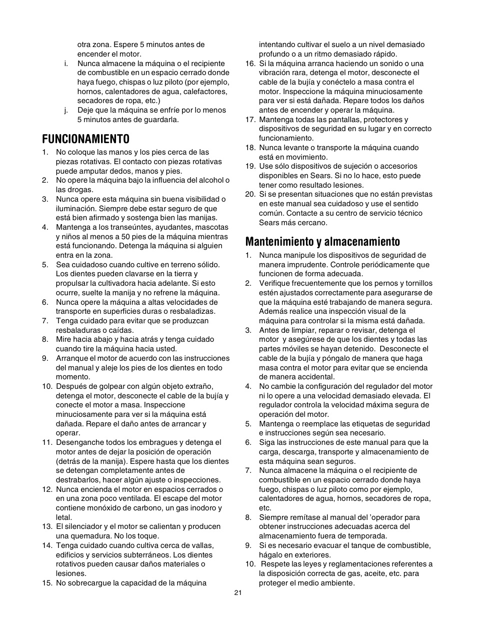 Funcionamiento, Mantenimiento y almacenamiento | Sears 316.2927 User Manual | Page 21 / 36