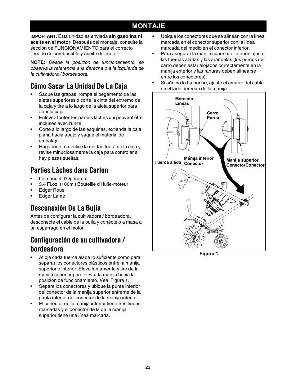 Cómo sacar la unidad de la caja, Parties lâches dans carton, Desconexión de la bujía | Configuración de su cultivadora / bordeadora, Montaje | Sears 316.2927 User Manual | Page 23 / 36