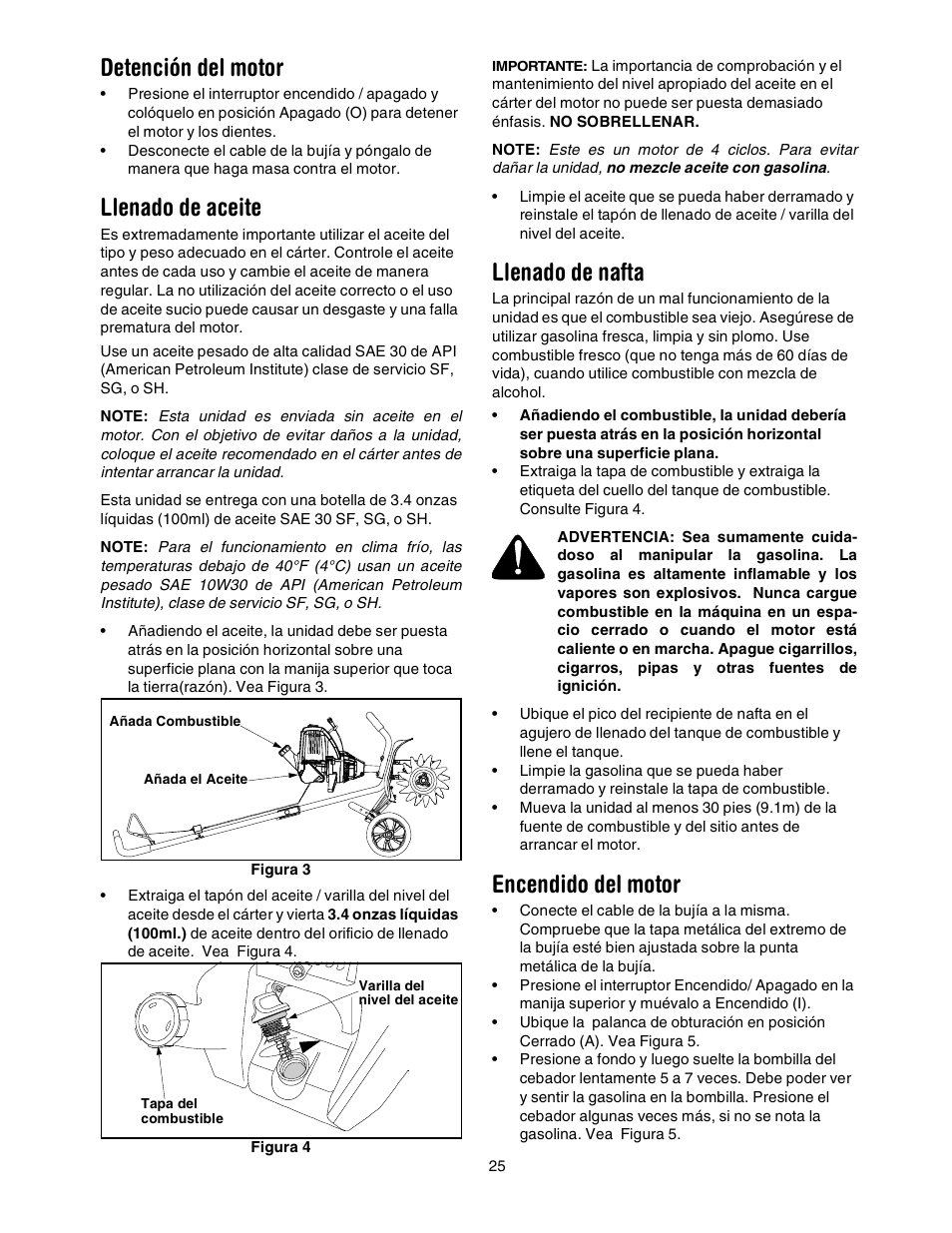 Detención del motor, Llenado de aceite, Llenado de nafta | Encendido del motor | Sears 316.2927 User Manual | Page 25 / 36