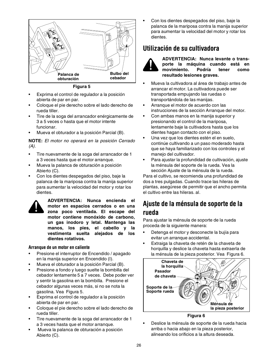 Utilización de su cultivadora, Ajuste de la ménsula de soporte de la rueda | Sears 316.2927 User Manual | Page 26 / 36