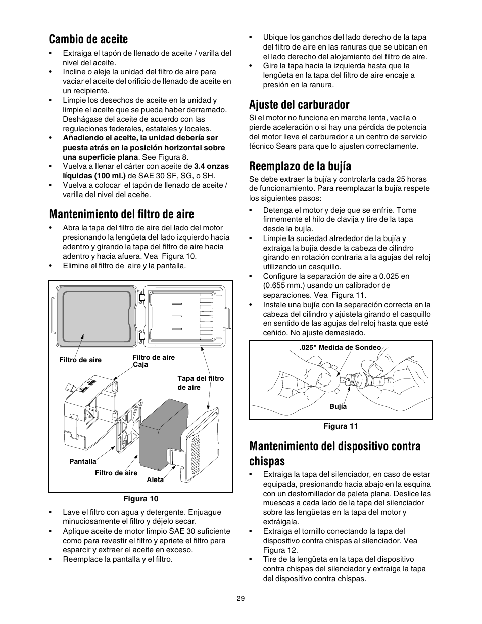 Cambio de aceite, Mantenimiento del filtro de aire, Ajuste del carburador | Reemplazo de la bujía, Mantenimiento del dispositivo contra chispas | Sears 316.2927 User Manual | Page 29 / 36