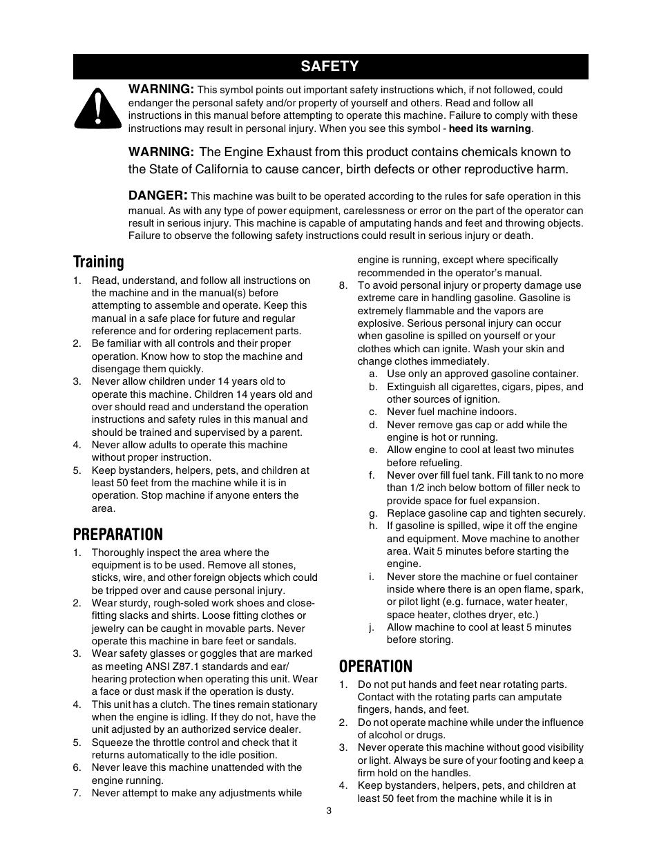 Training, Preparation, Operation | Safety | Sears 316.2927 User Manual | Page 3 / 36