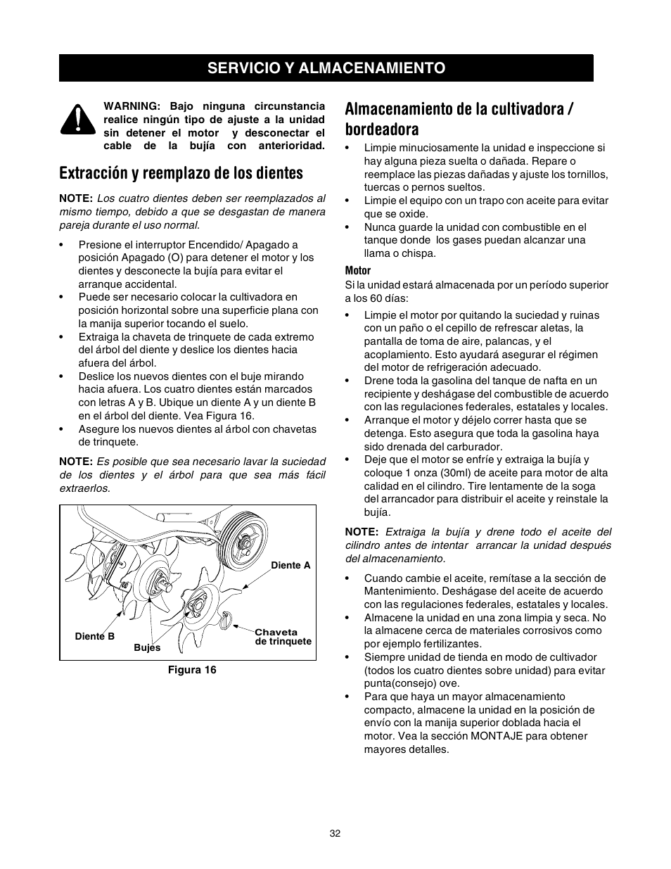 Extracción y reemplazo de los dientes, Almacenamiento de la cultivadora / bordeadora, Servicio y almacenamiento | Sears 316.2927 User Manual | Page 32 / 36