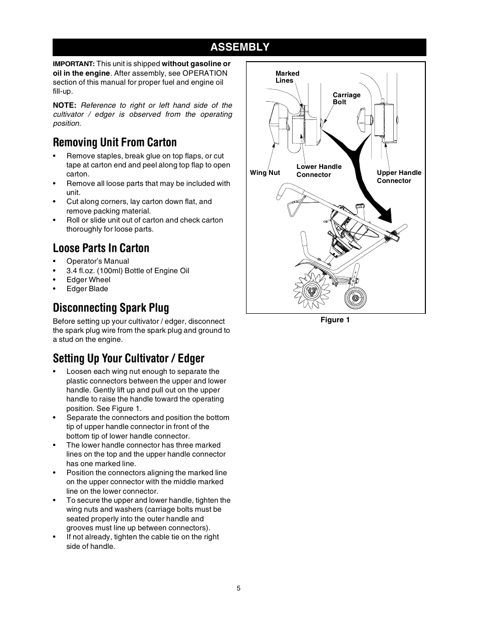 Removing unit from carton, Loose parts in carton, Disconnecting spark plug | Setting up your cultivator / edger, Assembly | Sears 316.2927 User Manual | Page 5 / 36