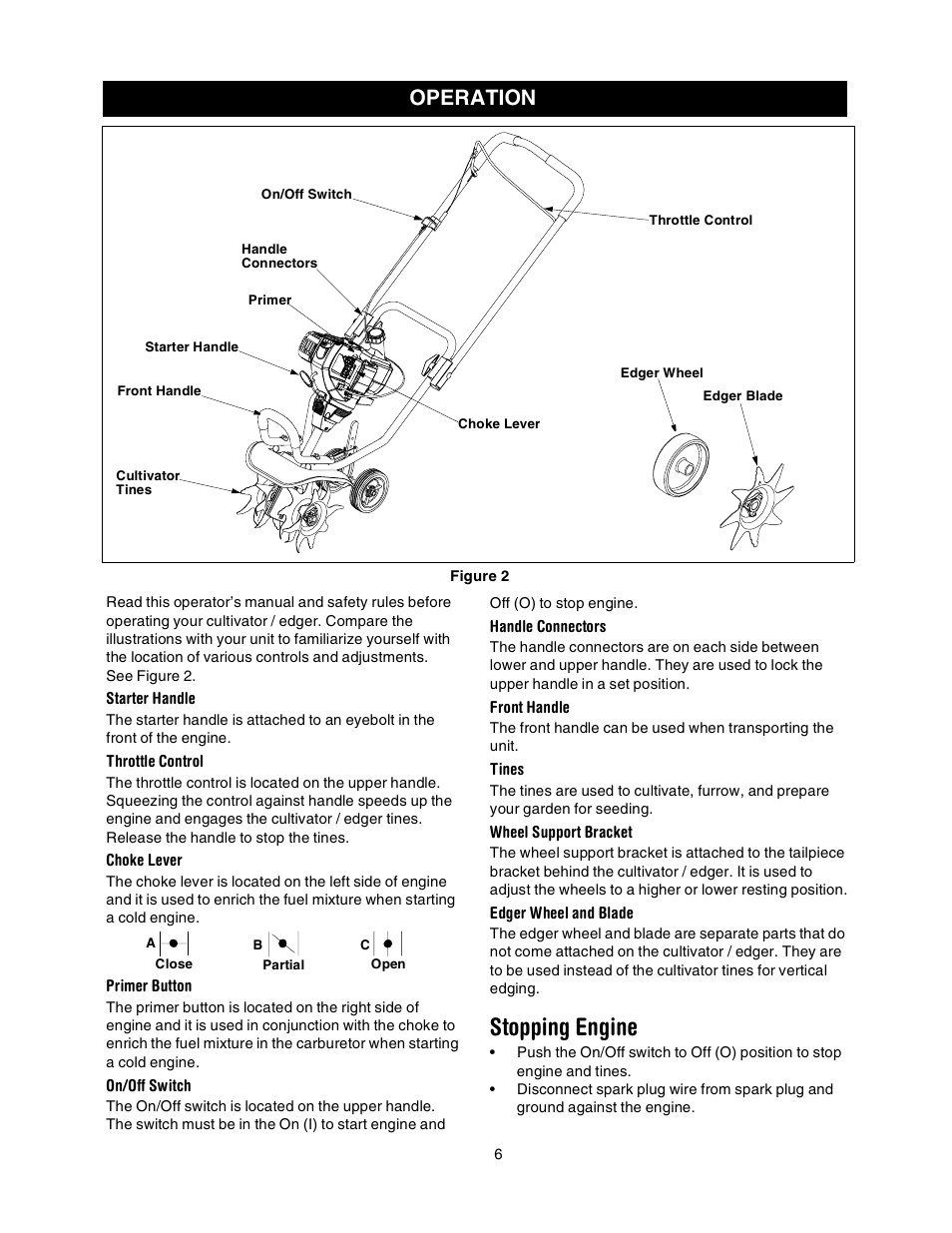 Stopping engine, Operation | Sears 316.2927 User Manual | Page 6 / 36
