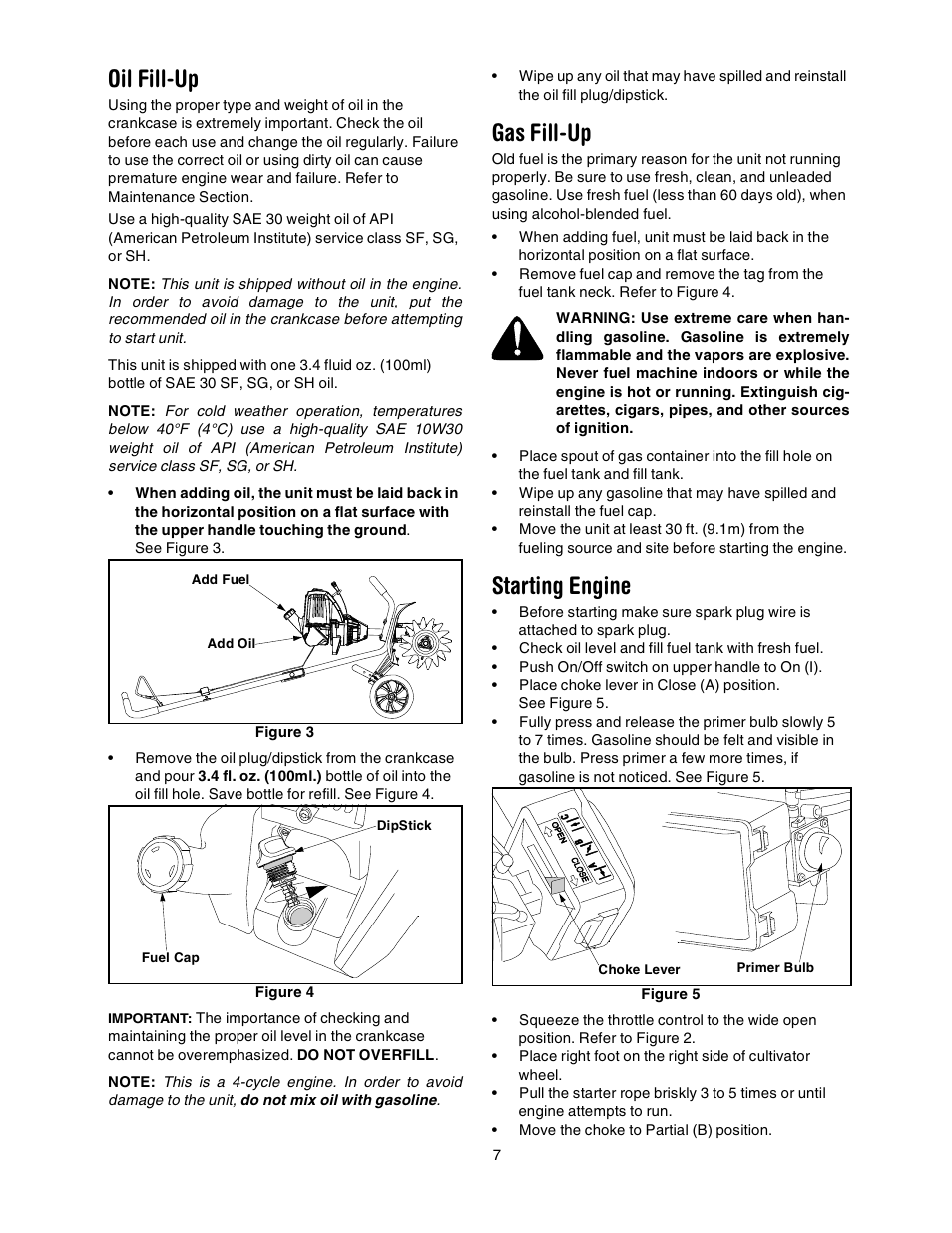 Oil fill-up, Gas fill-up, Starting engine | Sears 316.2927 User Manual | Page 7 / 36