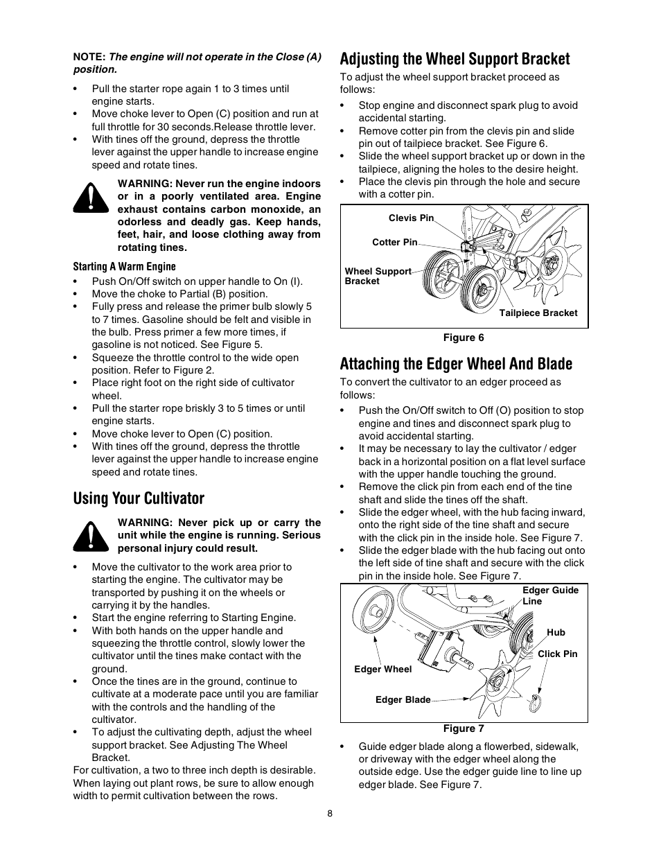 Using your cultivator, Adjusting the wheel support bracket, Attaching the edger wheel and blade | Sears 316.2927 User Manual | Page 8 / 36