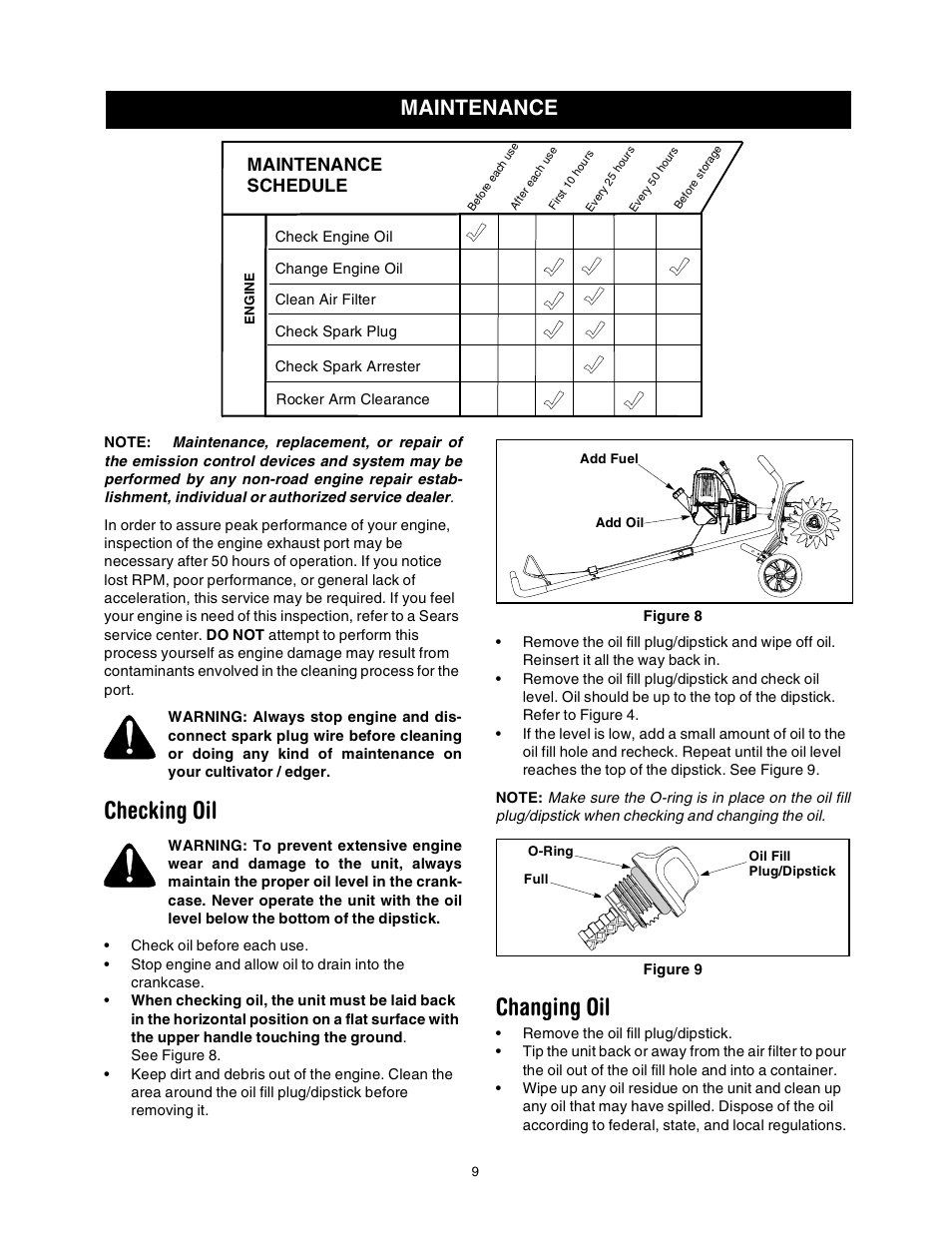 Checking oil, Changing oil, Maintenance | Maintenance schedule | Sears 316.2927 User Manual | Page 9 / 36