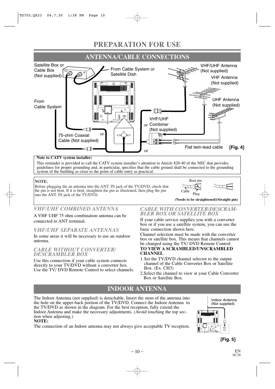 Preparation for use, Antenna/cable connections, Indoor antenna | Vhf/uhf combined antenna, Vhf/uhf separate antennas, Cable without converter/ descrambler box | Sears SRTD313 User Manual | Page 10 / 40