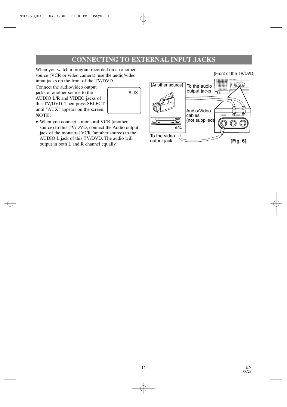 Connecting to external input jacks, Aux [fig. 6 | Sears SRTD313 User Manual | Page 11 / 40