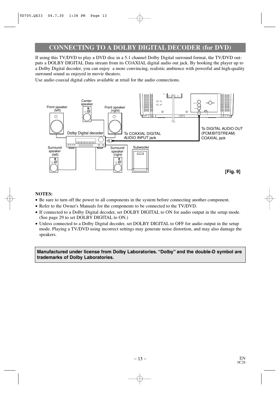 Connecting to a dolby digital decoder (for dvd) | Sears SRTD313 User Manual | Page 13 / 40