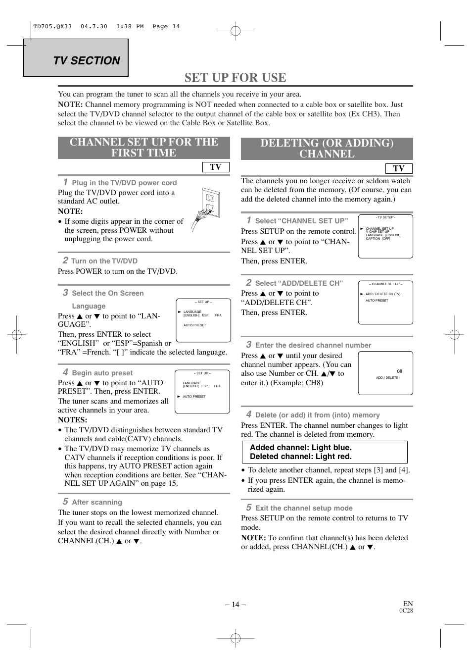 Set up for use, Channel set up for the first time, Deleting (or adding) channel | Sears SRTD313 User Manual | Page 14 / 40