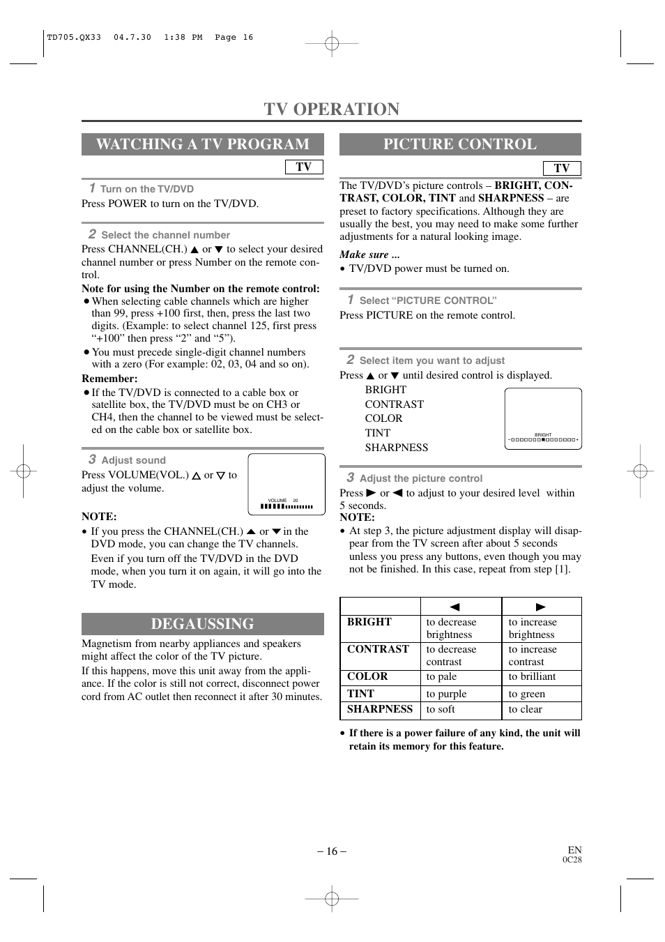 Tv operation, Degaussing, Watching a tv program | Picture control | Sears SRTD313 User Manual | Page 16 / 40