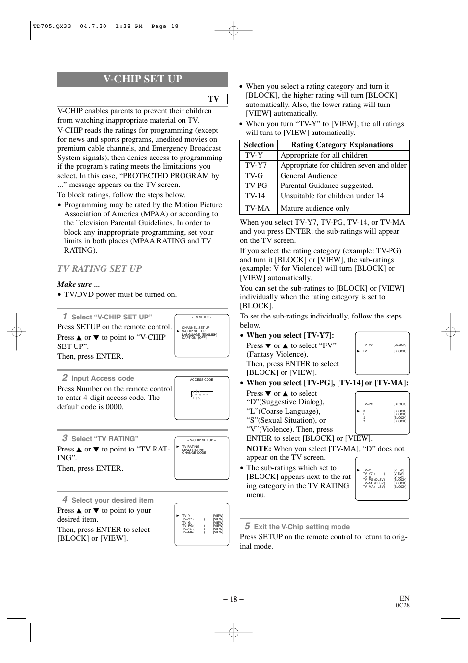 V-chip set up, Tv rating set up, Make sure | Tv/dvd power must be turned on | Sears SRTD313 User Manual | Page 18 / 40