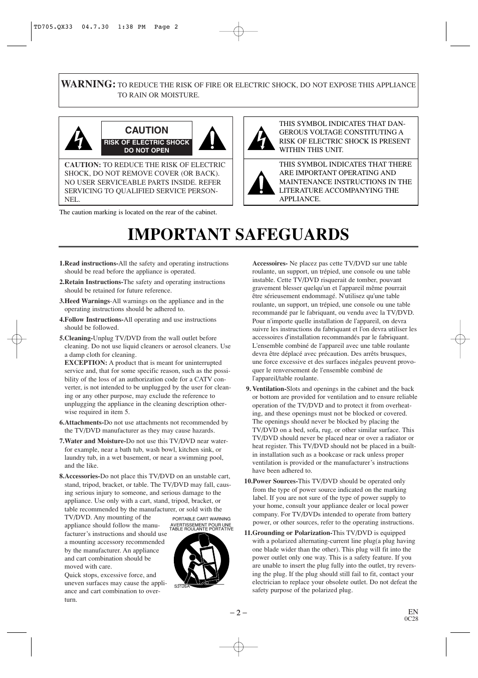 Important safeguards, Warning, Caution | Sears SRTD313 User Manual | Page 2 / 40