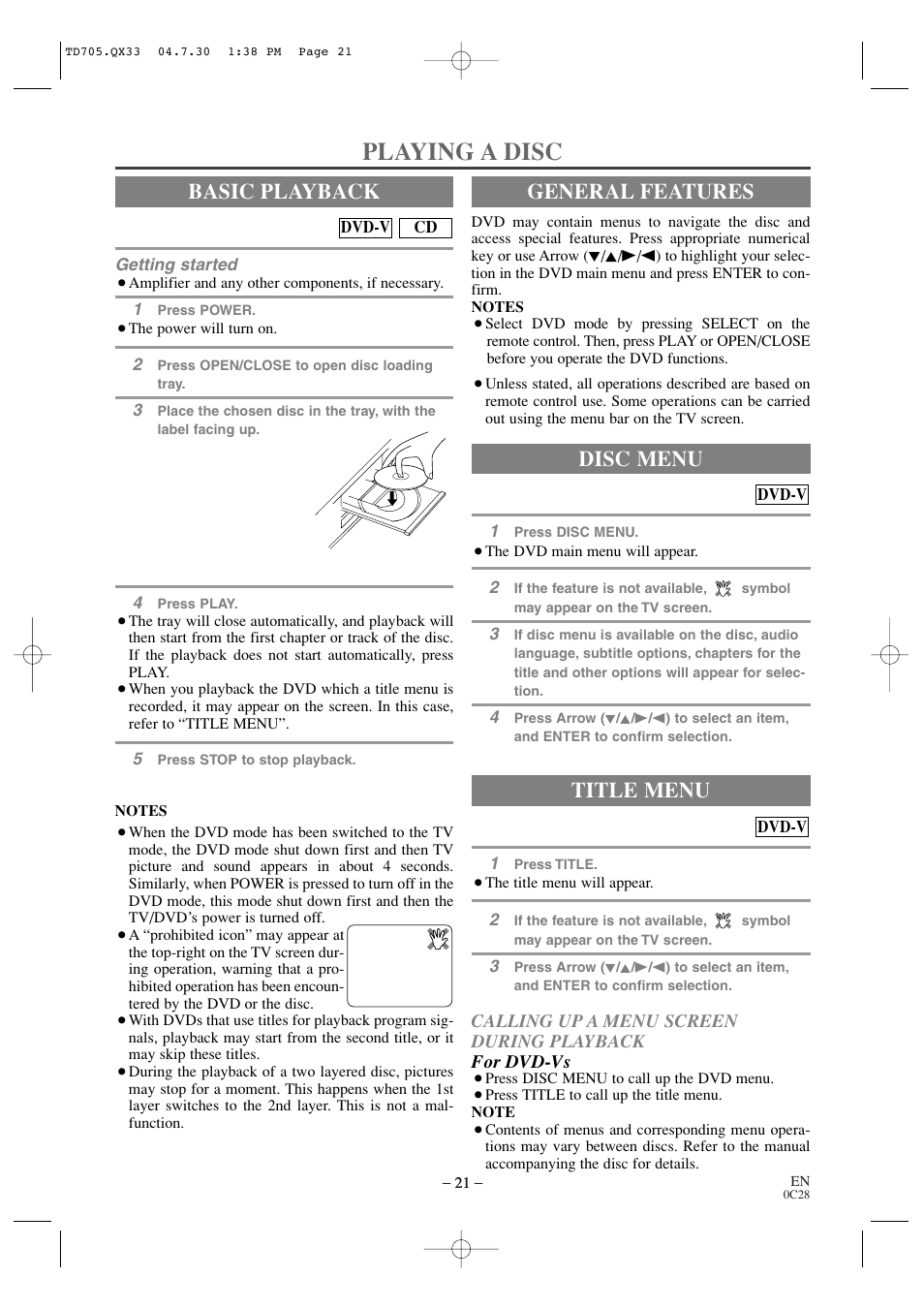 Playing a disc, Basic playback, General features | Title menu, Disc menu | Sears SRTD313 User Manual | Page 21 / 40