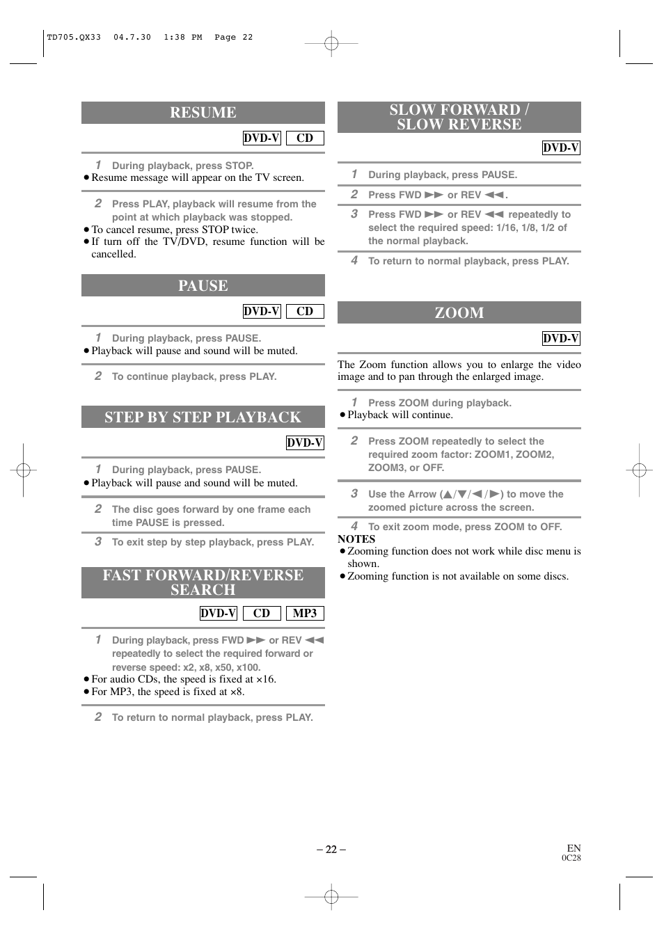 Step by step playback, Resume, Zoom | Pause | Sears SRTD313 User Manual | Page 22 / 40