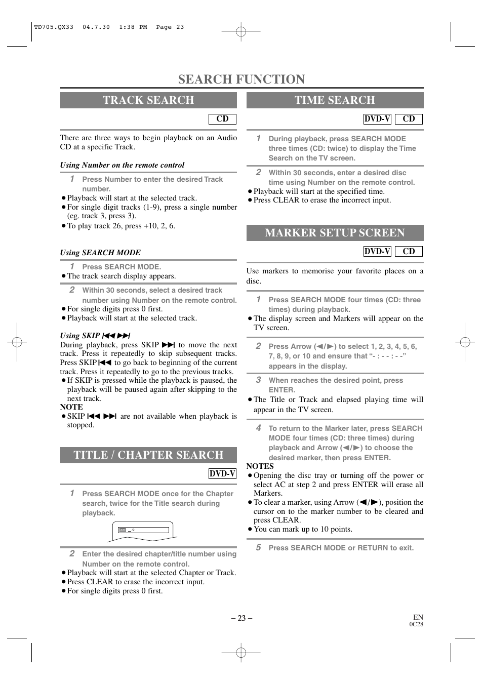 Search function, Track search, Title / chapter search | Time search, Marker setup screen | Sears SRTD313 User Manual | Page 23 / 40