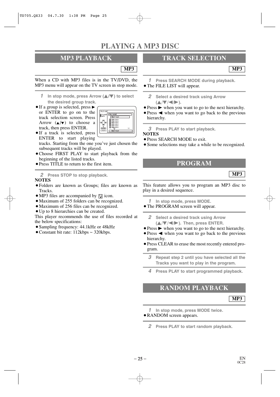 Playing a mp3 disc, Mp3 playback, Track selection | Random playback, Program | Sears SRTD313 User Manual | Page 25 / 40