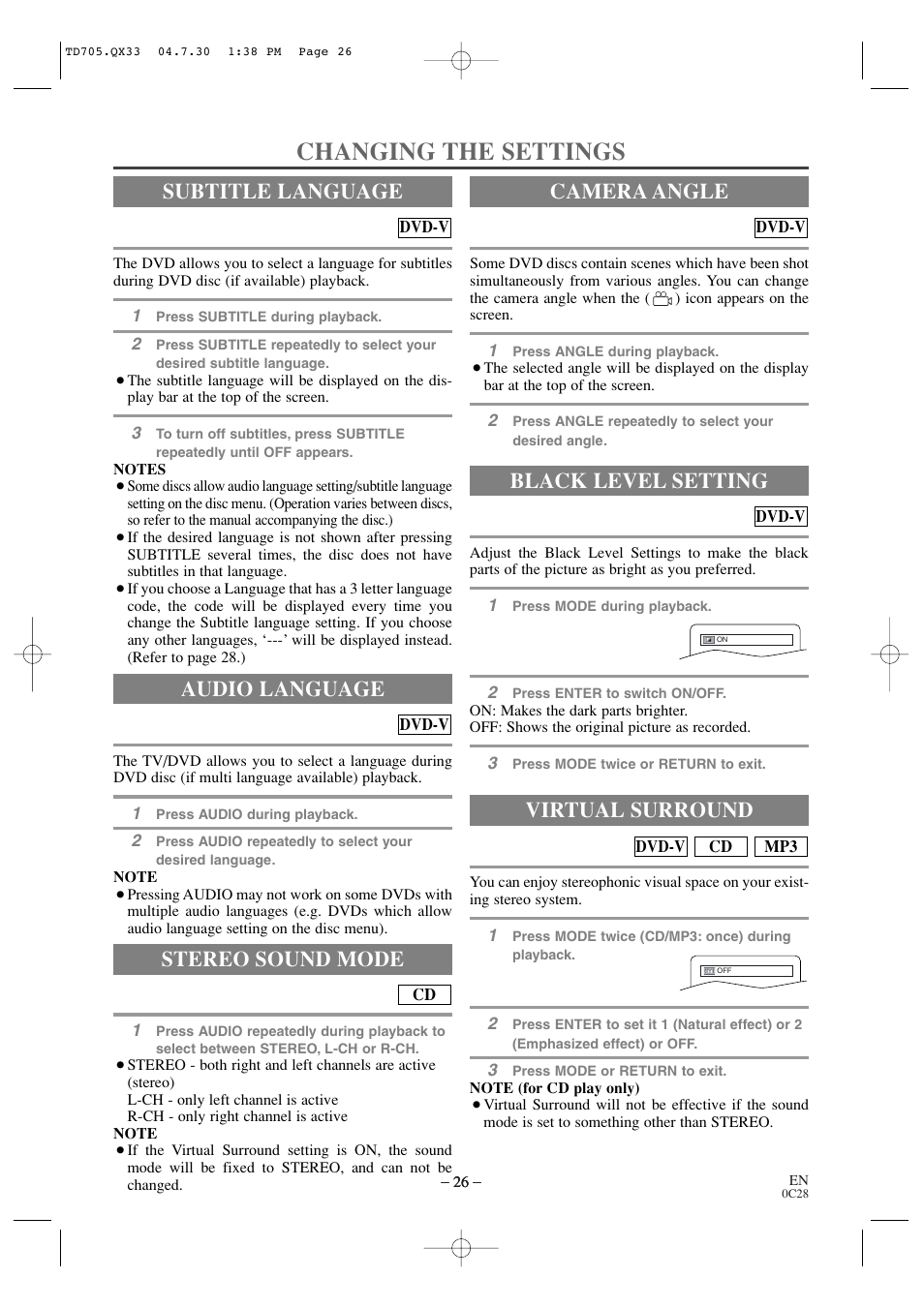 Changing the settings, Audio language, Stereo sound mode | Subtitle language camera angle, Black level setting, Virtual surround | Sears SRTD313 User Manual | Page 26 / 40