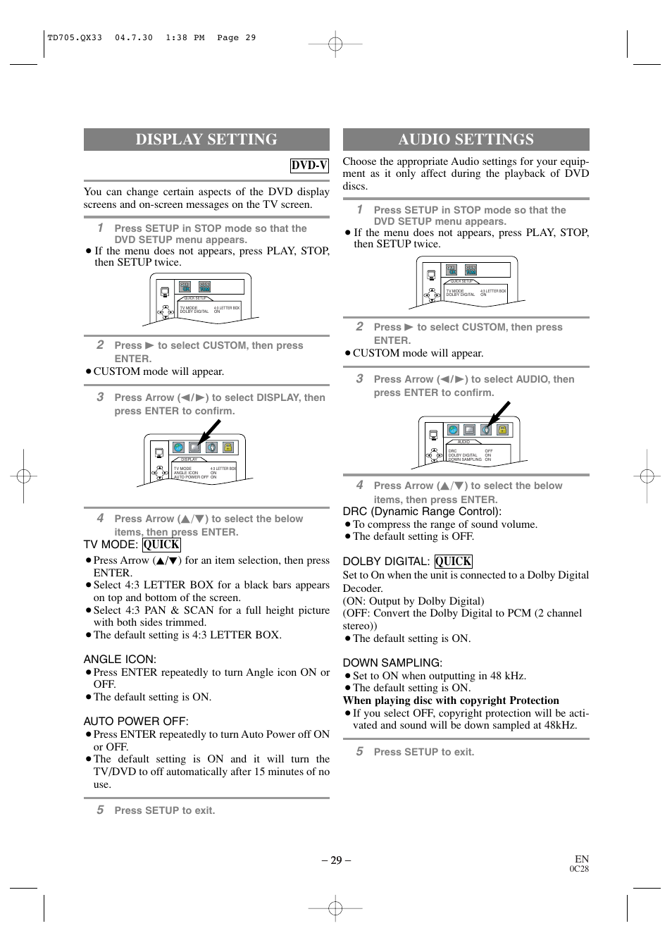 Audio settings, Display setting, Quick | Quick dvd-v | Sears SRTD313 User Manual | Page 29 / 40