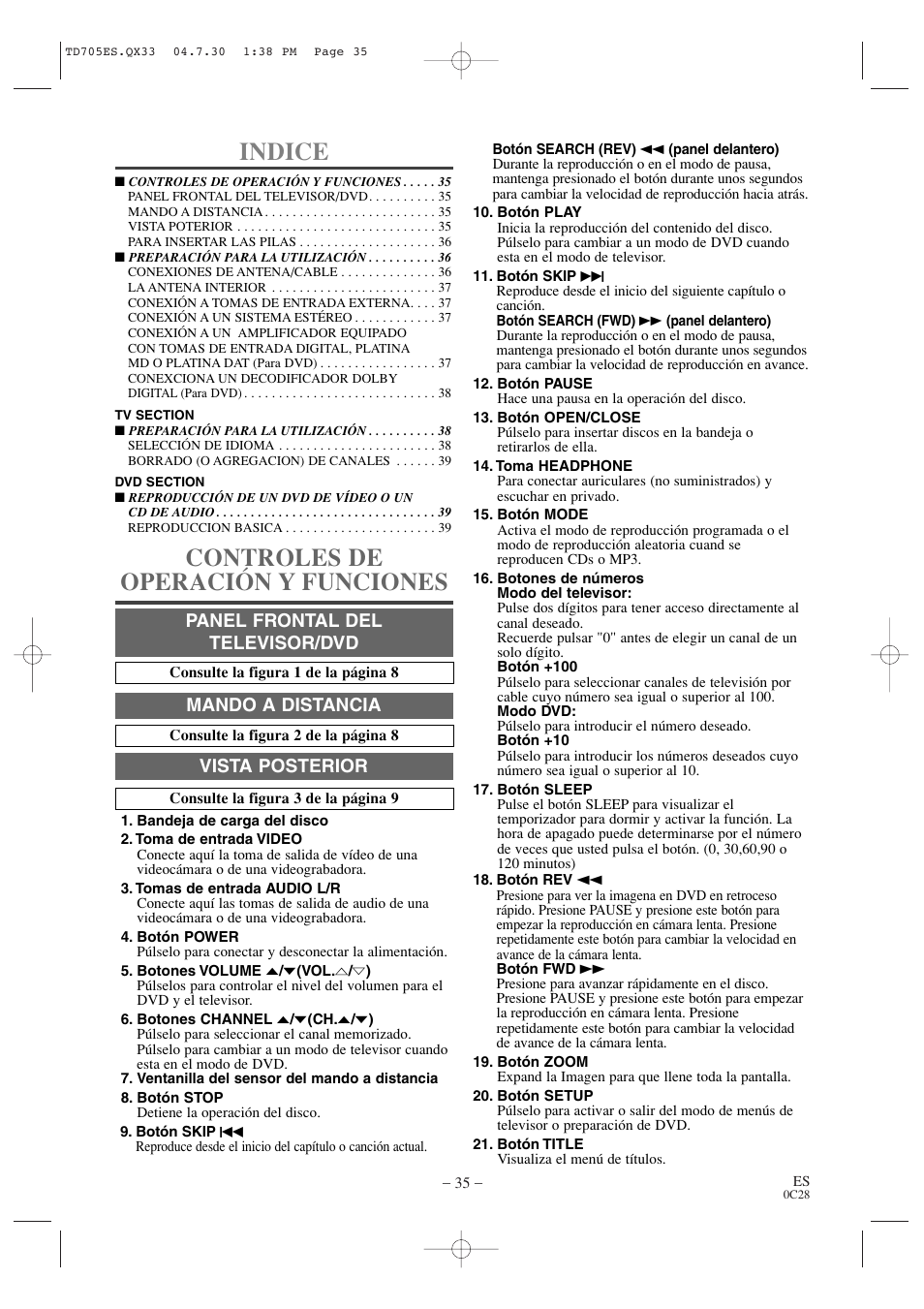 Indice, Controles de operación y funciones, Panel frontal del televisor/dvd | Mando a distancia, Vista posterior | Sears SRTD313 User Manual | Page 35 / 40