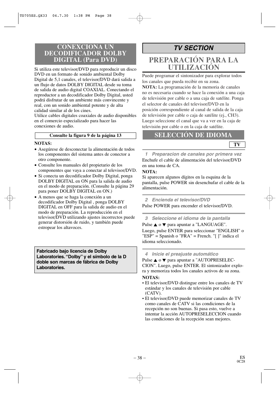 Preparación para la utilización, Selección de idioma | Sears SRTD313 User Manual | Page 38 / 40