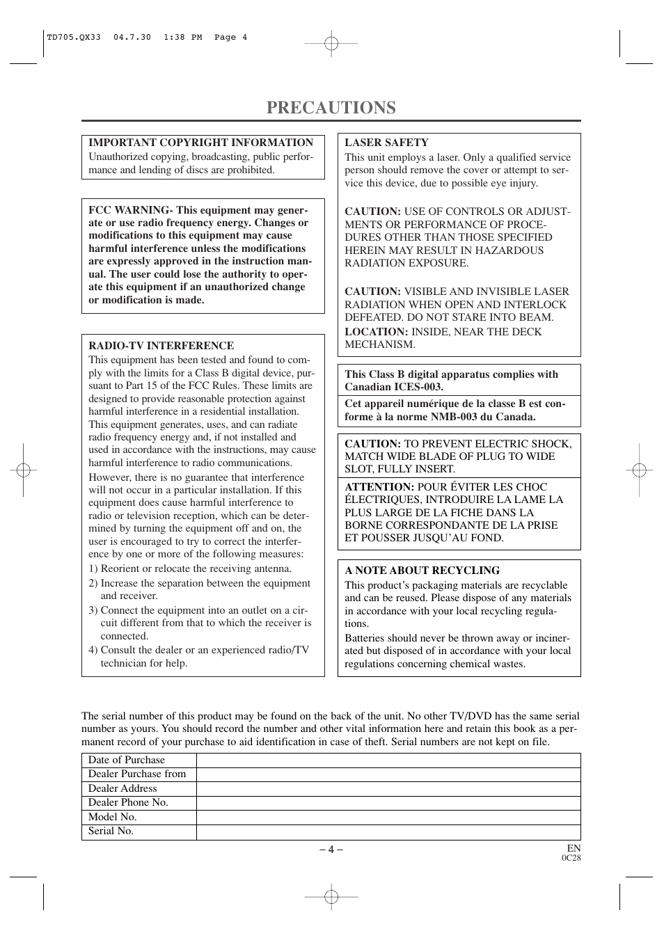 Precautions | Sears SRTD313 User Manual | Page 4 / 40